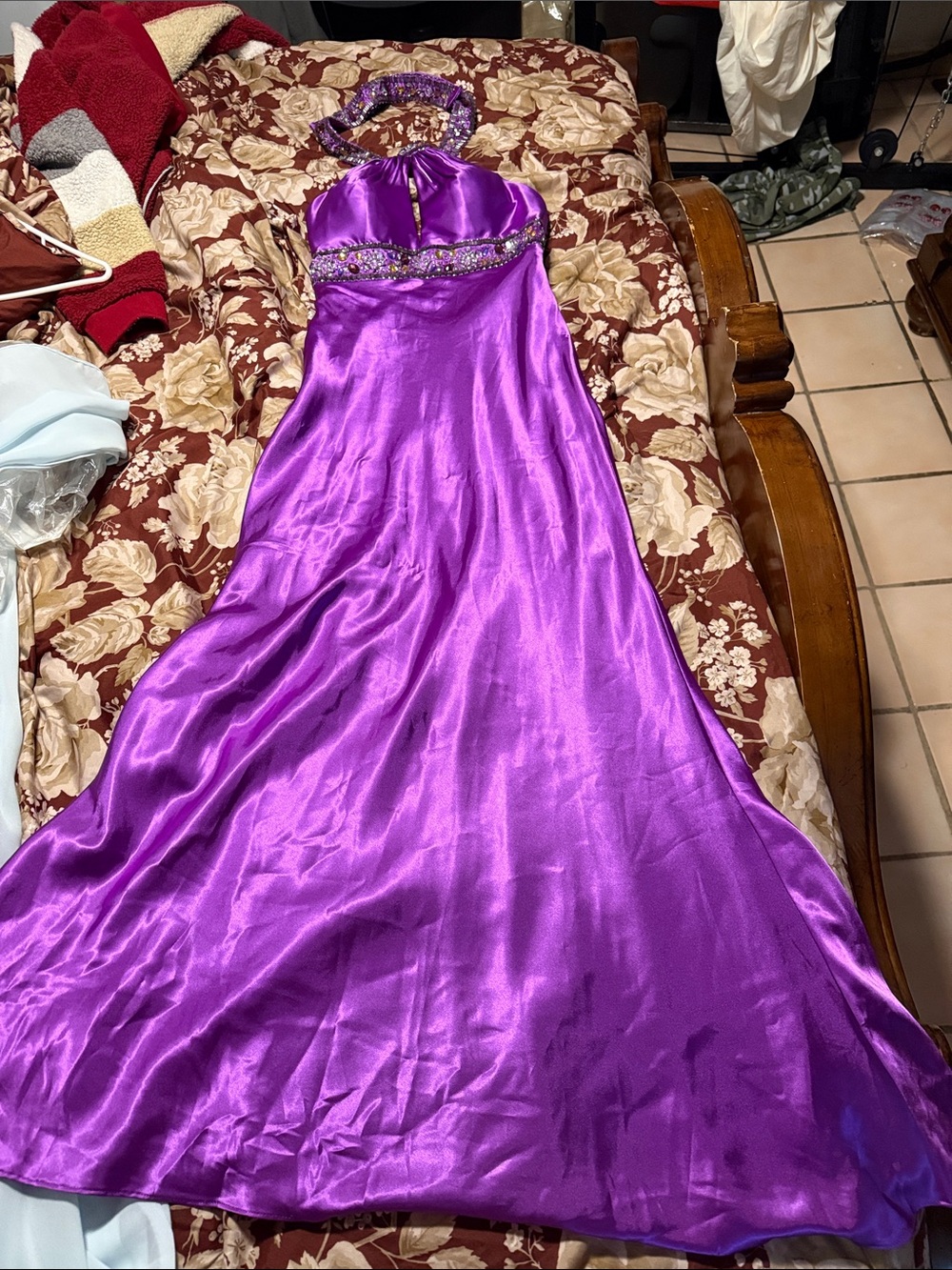 Purple Satin Halter Evening Gown with Beaded Waist